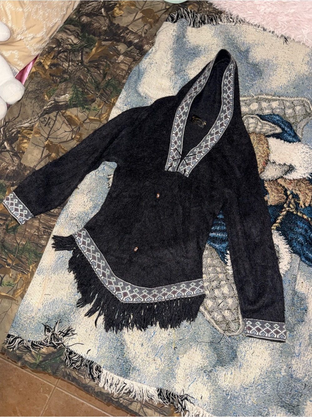 Hooded Fringe Alpaca Sweater